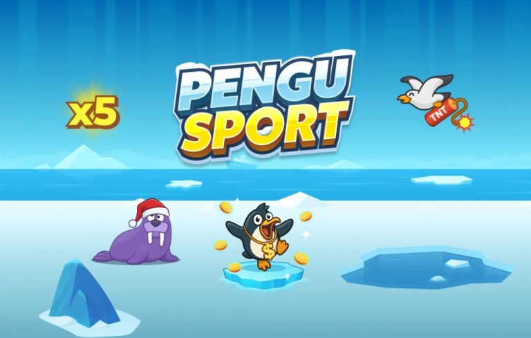 Spellogotyp för "PENGU SPORT" i ett arktiskt vinterlandskap med en pingvin och en valross.