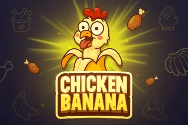 En tecknad, skojig kyckling med stora, uppspärrade ögon och tungan utsträckt tittar fram ur en halvskalad banan.