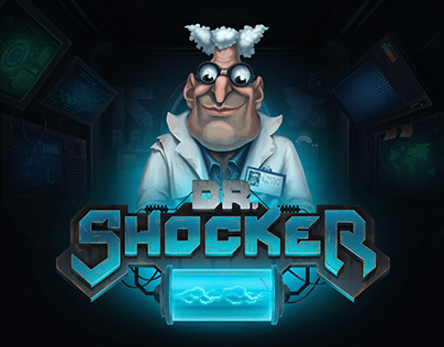 Logotyp för "Dr. Shocker" med en galen vetenskapsman i ett mörkt laboratorium.