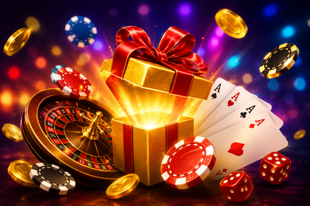 Färgglad casinoillustration med en öppnad, lysande guldpresentask omgiven av ett roulettehjul, spelkort, marker och tärningar.