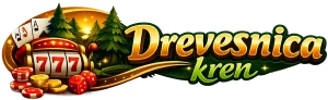 Logotyp med texten _Drevesnica kren_ i guld och grönt, omgiven av kasinosymboler som en spelautomat med _777_, marker, tärningar och granar på svart bakgrund