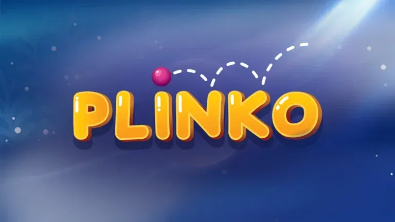 Logotyp med texten "PLINKO" i gula, bubbliga bokstäver och en rosa boll som studsar.