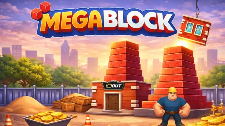 Logotyp för videospelet "MEGABLOCK" som visar en byggarbetsplats med tegelbyggnader, en muskulös byggarbetare, guldmynt och en stadsbelysning i bakgrunden.