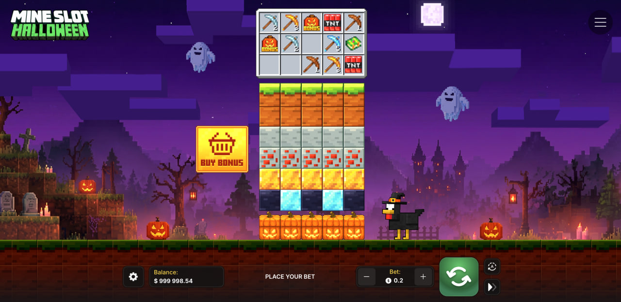 Spelskärm i Mine Slot Halloween med blockkolumner, verktygspanel och knappen Buy Bonus