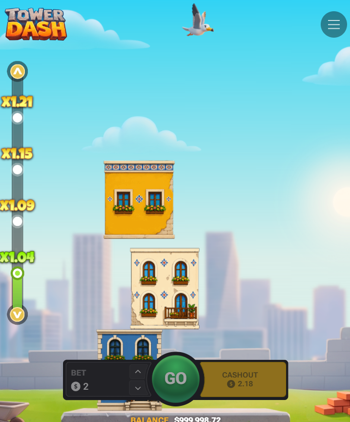 Tower Dash i stående läge på mobilen med Go och Cashout