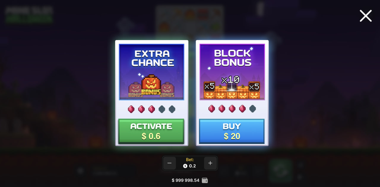 Fönster med Extra Chance och Block Bonus i Mine Slot Halloween på datorn