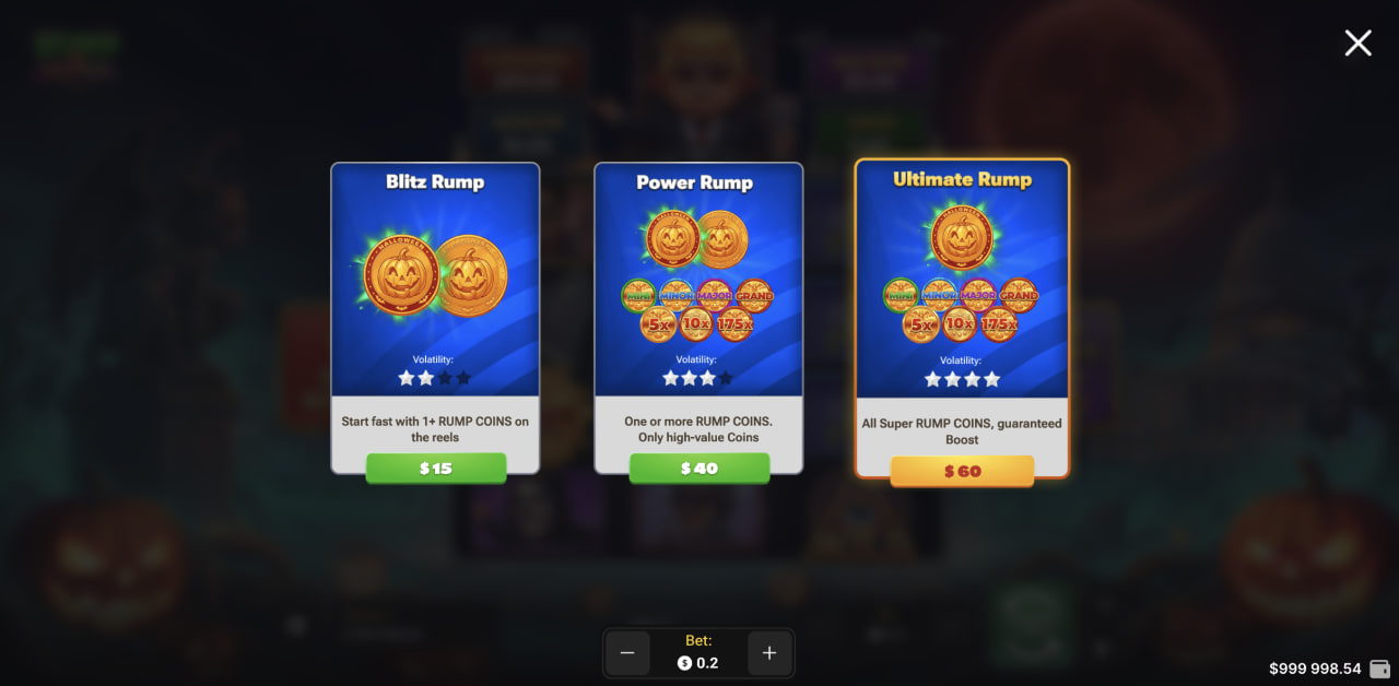 Bonusköpsmenyn i Rump & Halloween med Blitz Rump, Power Rump och Ultimate Rump på datorn