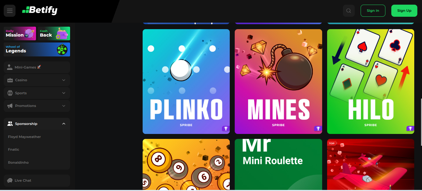 Betifys avdelning med minispelen Plinko, Mines och Hilo