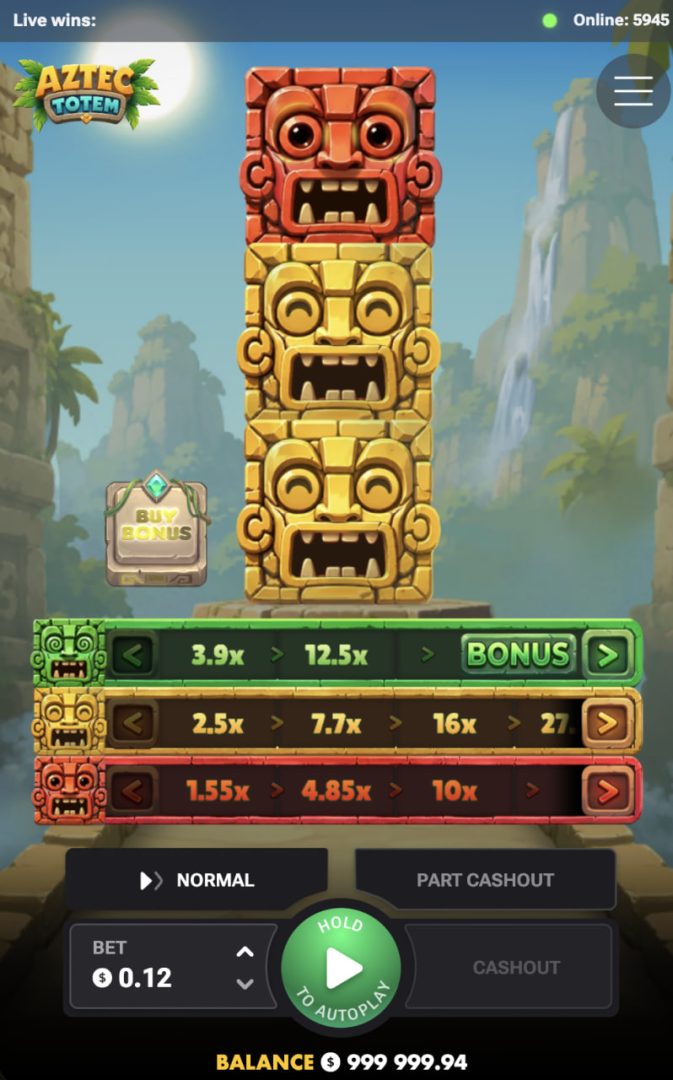 Aztec Totem i stående läge i mobilen med tre stigar och knappen Cashout