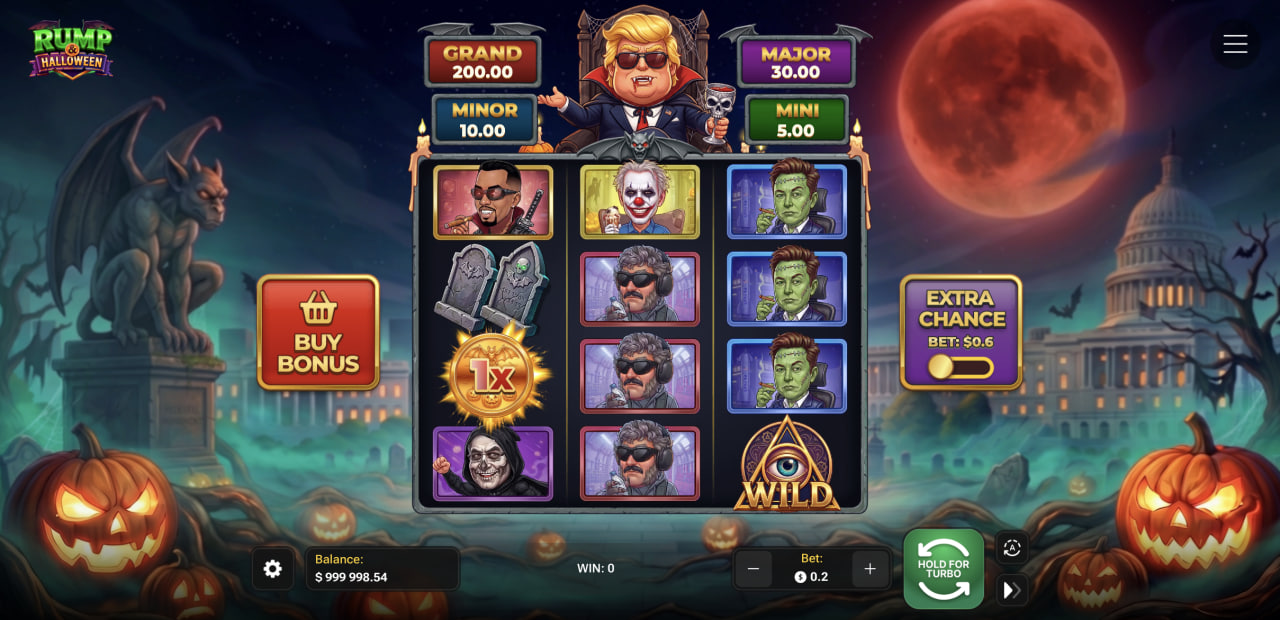 Spelskärm i Rump & Halloween med spelplan, fyra jackpottar, Buy Bonus och Extra Chance