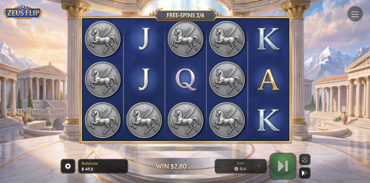 Hjulen i Zeus Flip under free spins med silvermynt med Pegasus och ett pågående Coin Flip