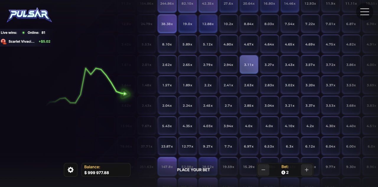 Pulsar review demo casino game lila rutor med multiplikatorer på datorskärmen